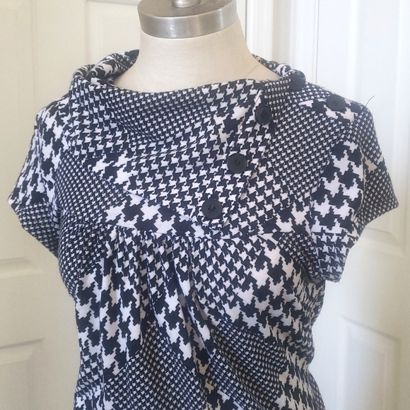Vintage Dresses & Skirts - 90s Retro Mod Houndstooth Dress Asymmetrical Collar Tie Waist Black Gray
